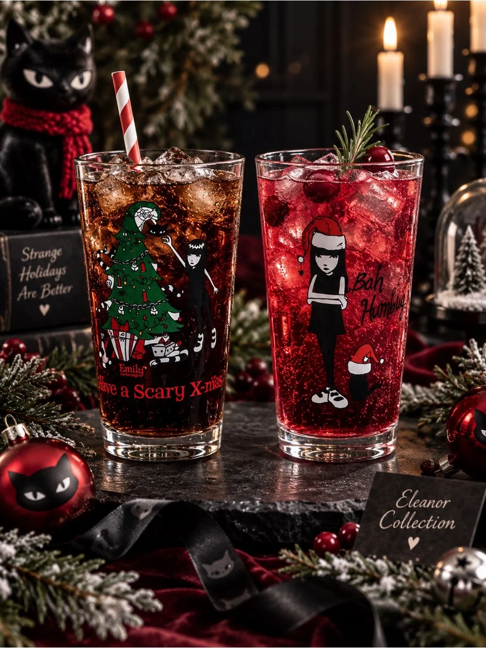 Emily The Strange Holiday Pint Glass Set NWT Bah Humbug Scary X-Mas